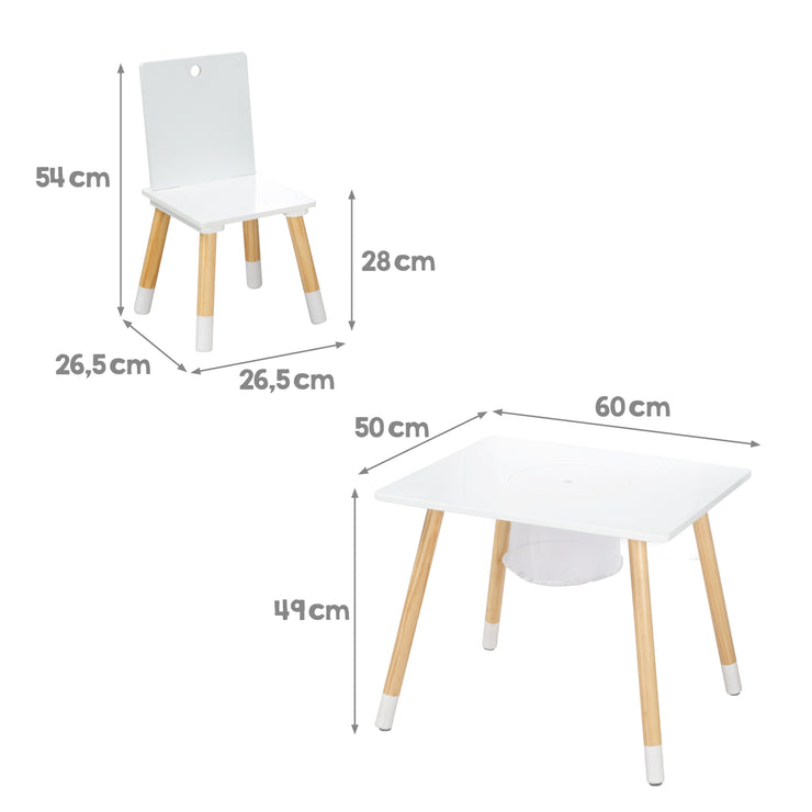 Children's seating group, set of chairs & table, white lacquered wood, incl. storage net