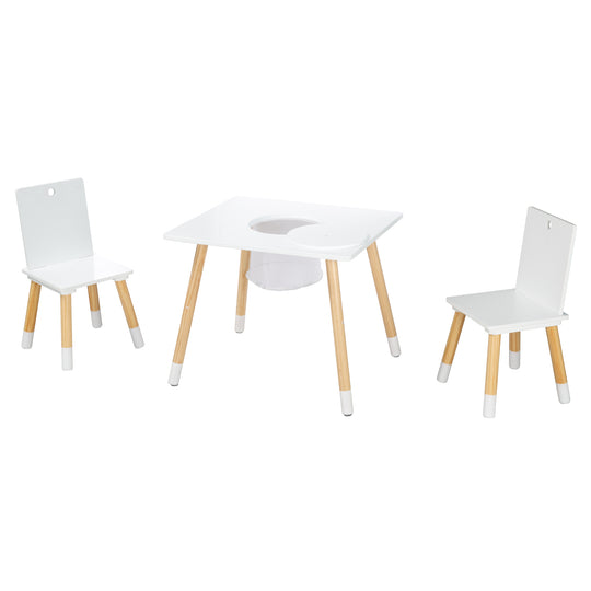 Conjunto de sillas y mesa para niños, madera lacada en blanco, incluye red de almacenamiento