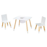 Children's seating group, set of chairs & table, white lacquered wood, incl. storage net