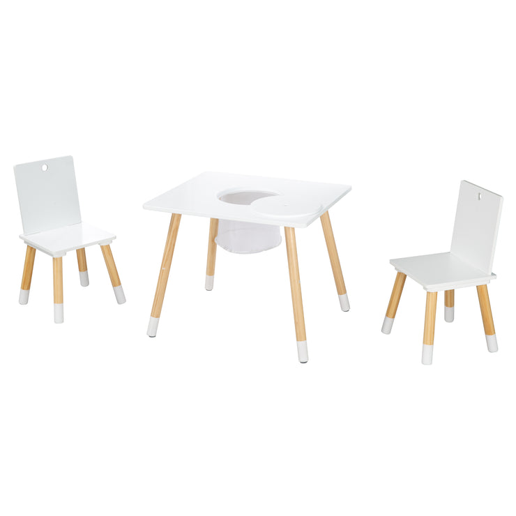 Grupo de asientos para niños (sillas y mesa) - madera lacada en blanco, incl. red de almacenamiento