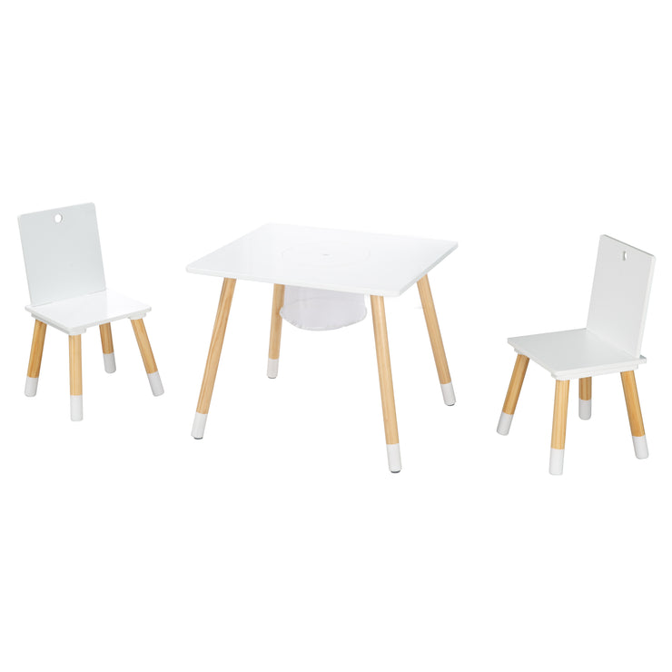 Dinette per bambini, set di sedie e tavolo, legno laccato bianco, incl. rete portaoggetti
