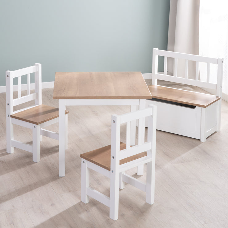 Kindersitzgruppe 'Woody' - 2 Stühle & 1 Tisch - Weiß lackiert - Holzdekor