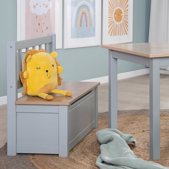 Banco de juguetes para niños 'Woody' - caja de juguetes en madera natural/topo - incluye freno de tapa