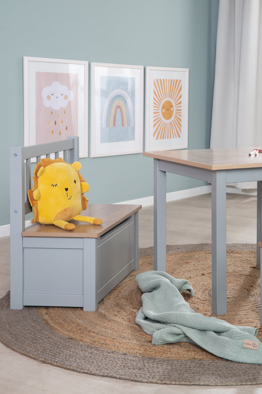 Banco de juguetes para niños 'Woody' - caja de juguetes en madera natural/topo - incluye freno de tapa