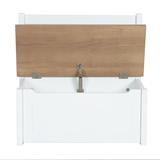 Banco de juguetes para niños 'Woody' - caja de juguetes en madera natural/blanco - incluye freno de tapa