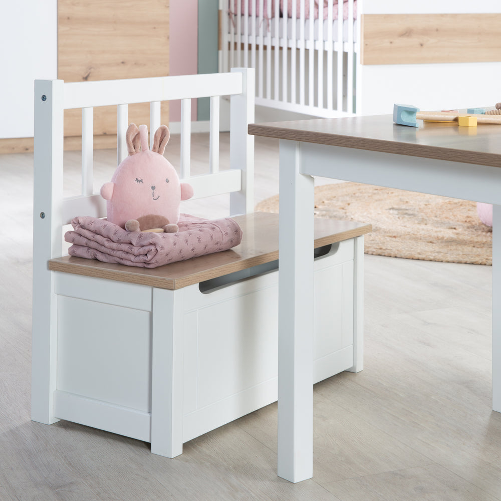 Banc coffre pour enfants 'Woody' - Coffre à jouets en bois naturel / blanc - Frein de couvercle inclus