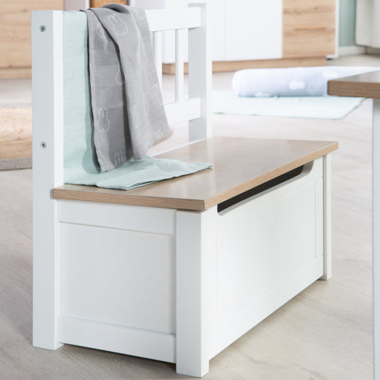 Banco de juguetes para niños 'Woody' - caja de juguetes en madera natural/blanco - incluye freno de tapa