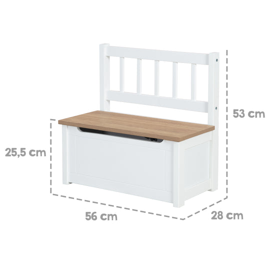 Banco de juguetes para niños 'Woody' - caja de juguetes en madera natural/blanco - incluye freno de tapa
