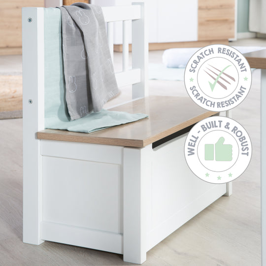 Banco de juguetes para niños 'Woody' - caja de juguetes en madera natural/blanco - incluye freno de tapa