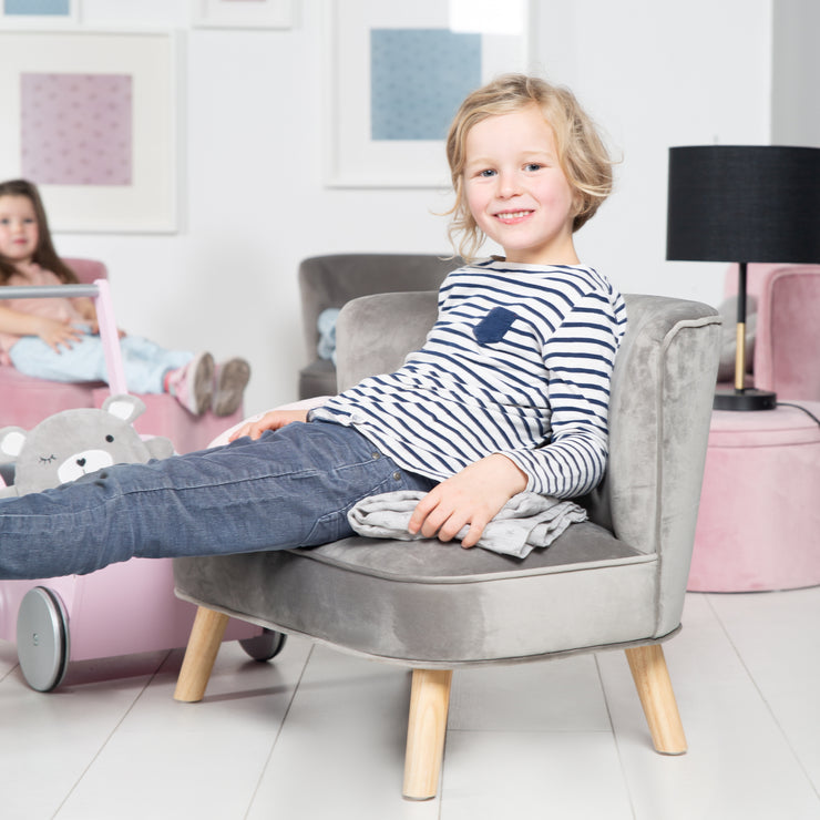 Divano per bambini "Lil Sofa", comodo divano per bambini con piedini in legno stabile e tessuto in velluto color grigio