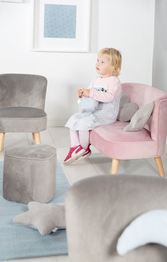 Kindercouch rosa Samt, ohne Lehne mit Füßen aus Holz
