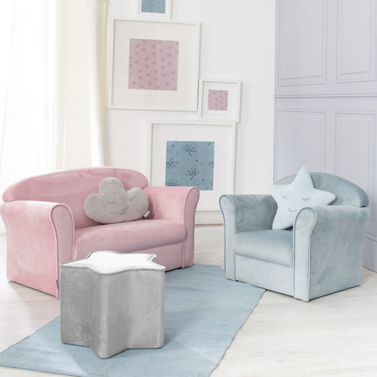 Sofá infantil 'Lil Sofa' con reposabrazos, cómodo con terciopelo azul claro