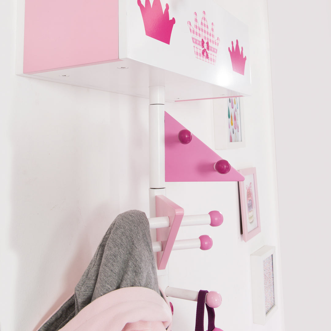 Porte-manteau 'Couronne' en bois - 9 crochets et 2 compartiments - laqué rose / imprimé