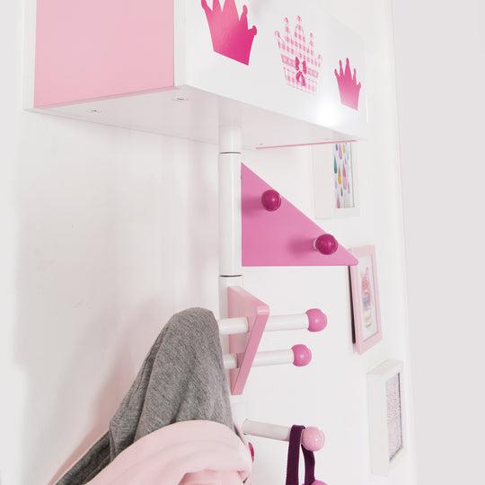 Porte-manteau 'Couronne' en bois - 9 crochets et 2 compartiments - laqué rose / imprimé