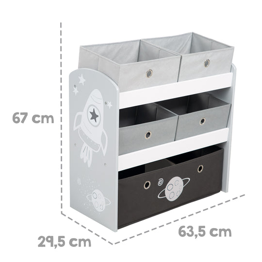 Spielregal 'Rakete', Spielzeugregal, 5 Stoffboxen, Aufbewahrungsregal, für Jungen und Mädchen
