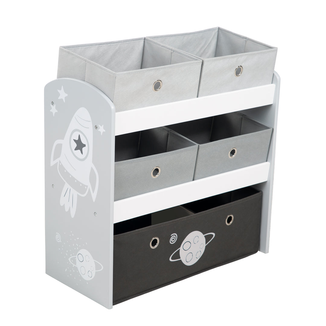 Spielregal 'Rakete', Spielzeugregal, 5 Stoffboxen, Aufbewahrungsregal, für Jungen und Mädchen