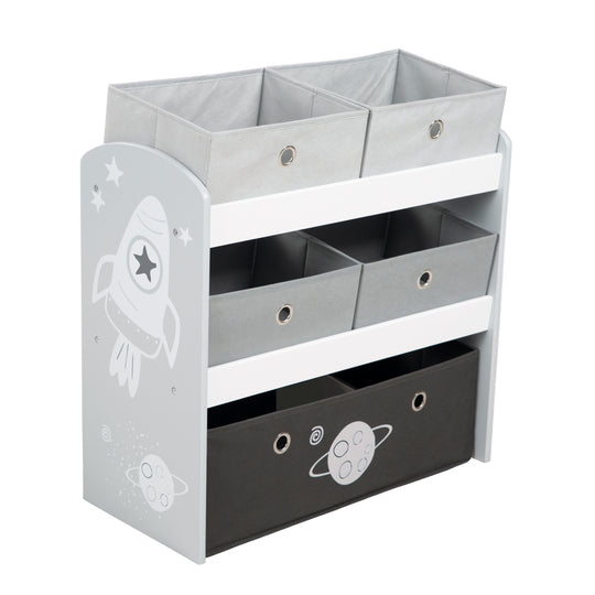 Spielregal 'Rakete', Spielzeugregal, 5 Stoffboxen, Aufbewahrungsregal, für Jungen und Mädchen