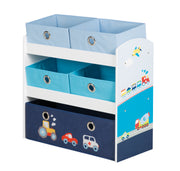 Scaffale da gioco "Rennfahrer", scaffale per giocattoli e ripostiglio, incl.5 scatole in tessuto, macchina blu