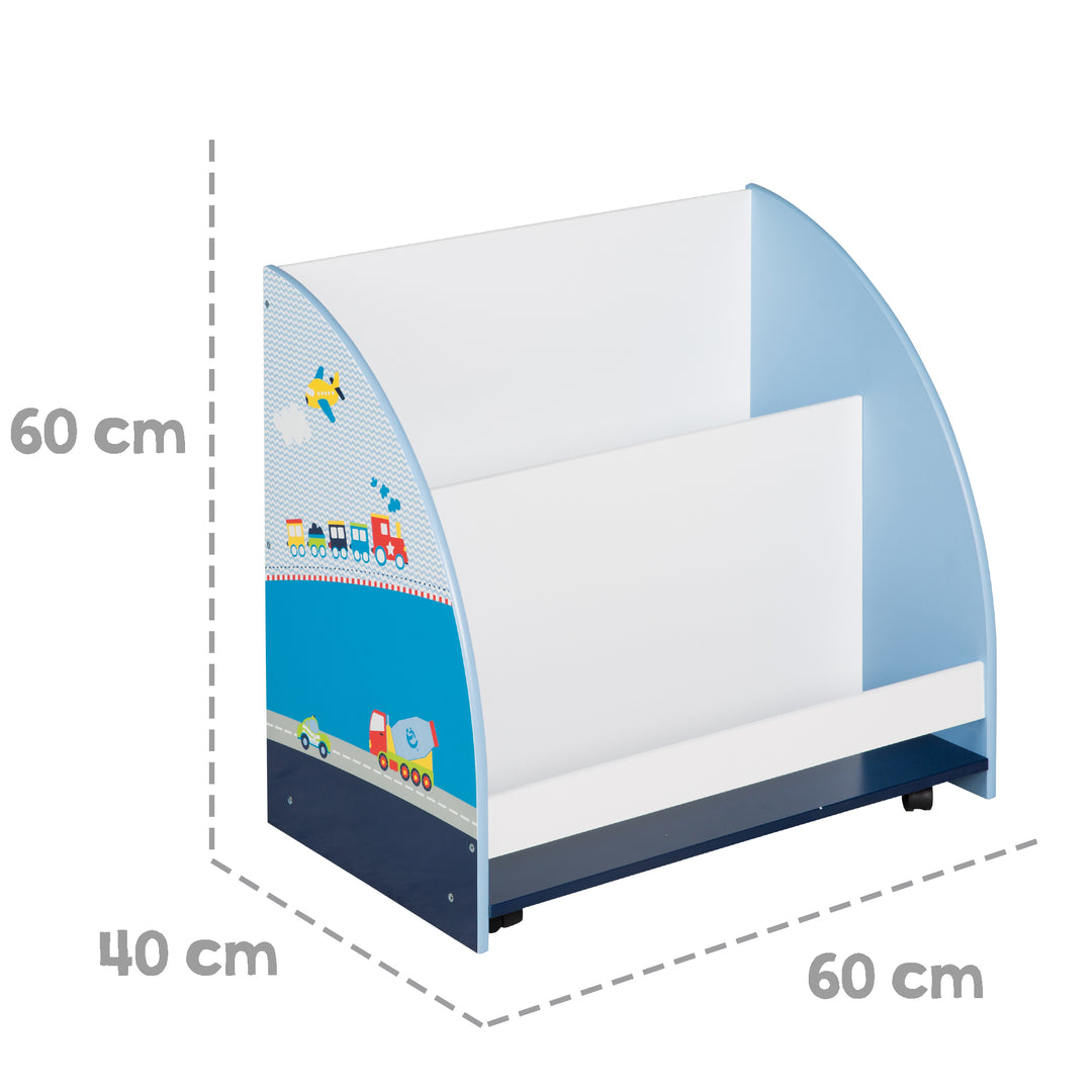 Kinderregal 'Rennfahrer', Spielregal fahrbar & drehbar mit Rollen, blau