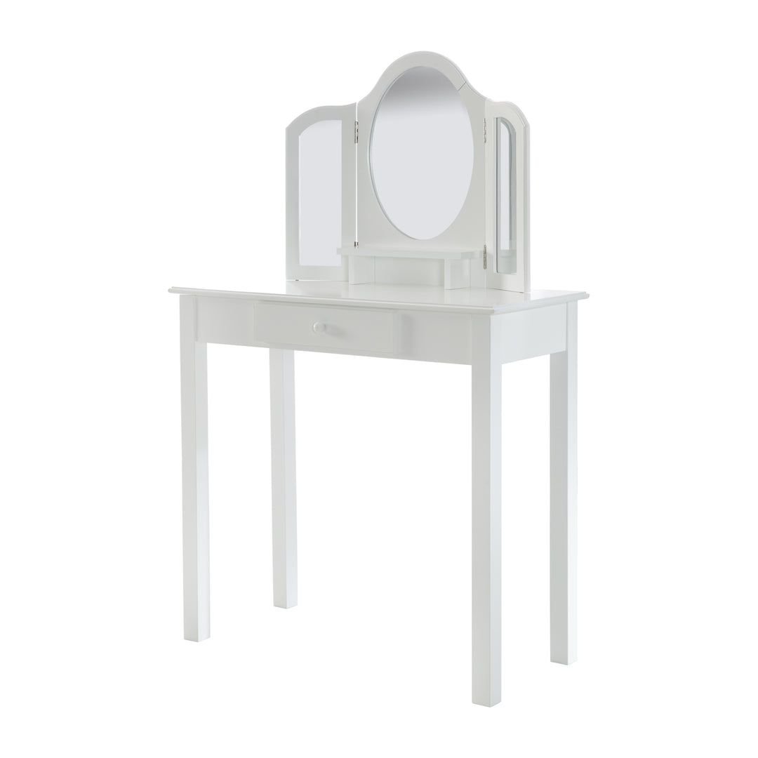 Tavolo da trucco e parrucchiere per bambini, con specchio e sgabello per trucco, bianco dipinto