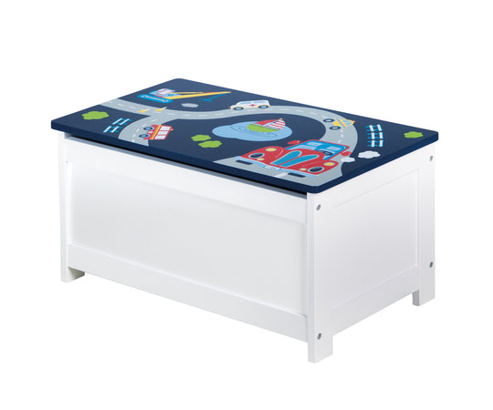 Coffre de jouet 'Pilote de course', siège et banquette de rangement, banc coffre bleu