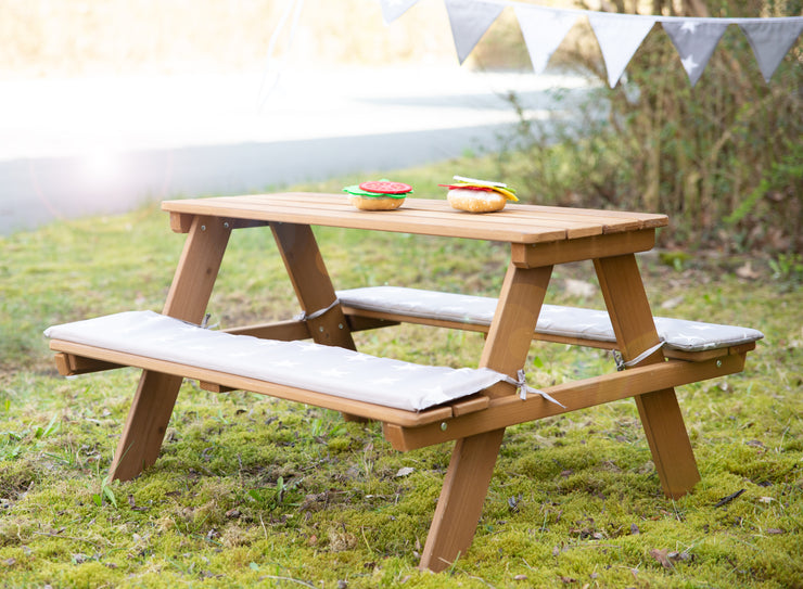 Grupo de asientos para niños 'Outdoor +', resistente a la intemperie 'Picknick for 4', madera maciza, óptica de teca