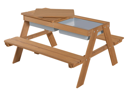 Table de pique-nique pour enfants avec bac de jeu - Bois massif - Résistant aux intempéries - Marron