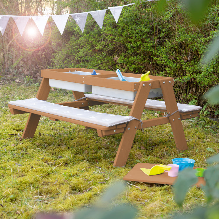 Structure de sièges pour enfant "Play' avec bac de jeu, bois massif résistant aux intempéries, teck