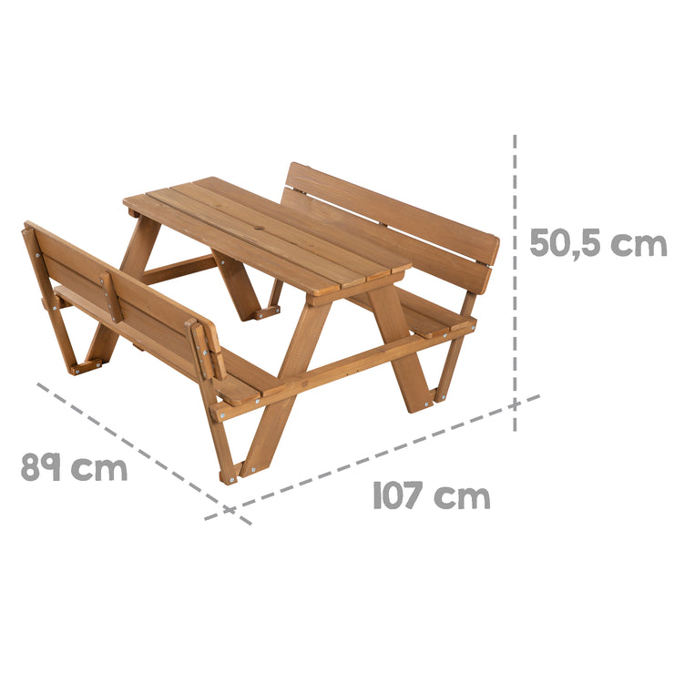 Children's seating group 'Outdoor +', with 2 benches, 1 table 'Picnick for 4', made of solid wood, weatherproof
