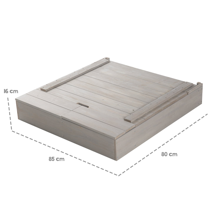Sandpit with lid, hinged with board & 3 hooks, solid wood glazed grey