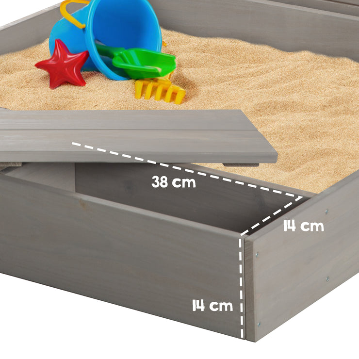 Sandpit with lid, hinged with board & 3 hooks, solid wood glazed grey