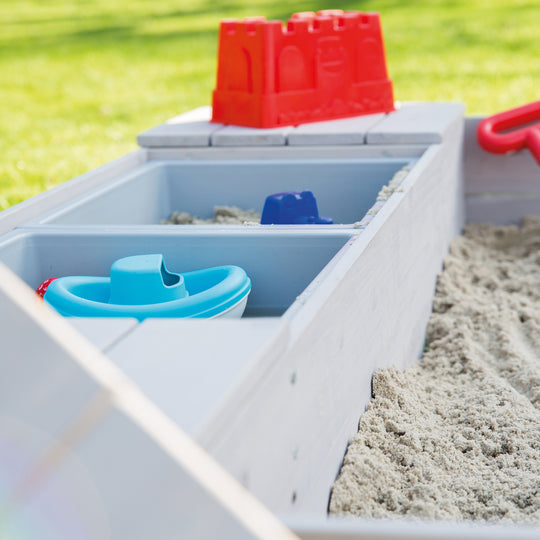 Bac à sable 'Outdoor +' avec 2 bacs de jeu, en bois massif, résistant aux intempéries, gris lasuré