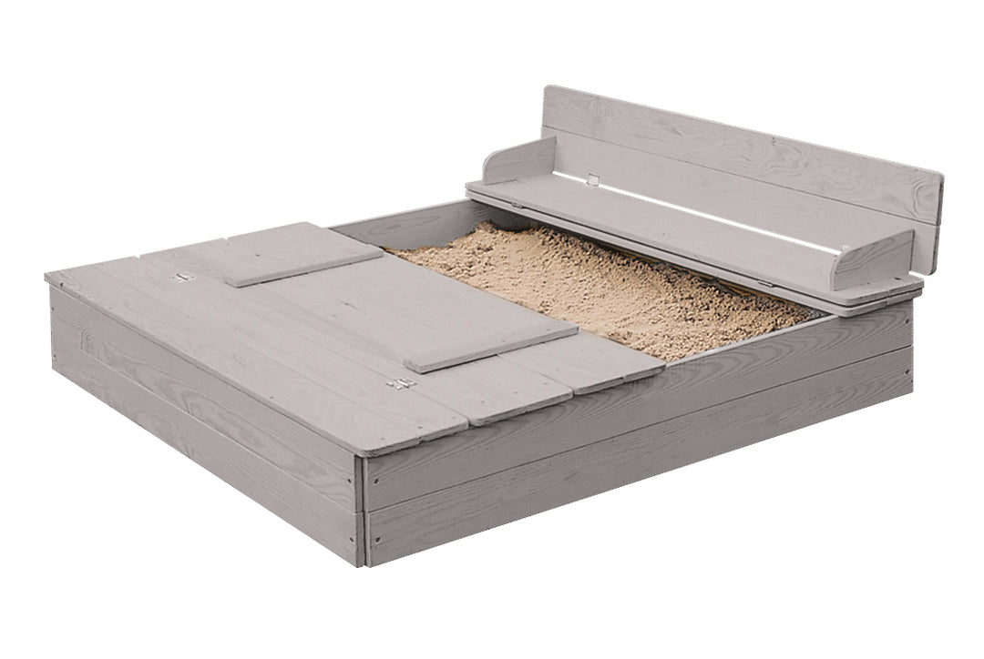 Bac à sable avec couvercle dépliable pour former 2 sièges, bois massif, résistant, gris