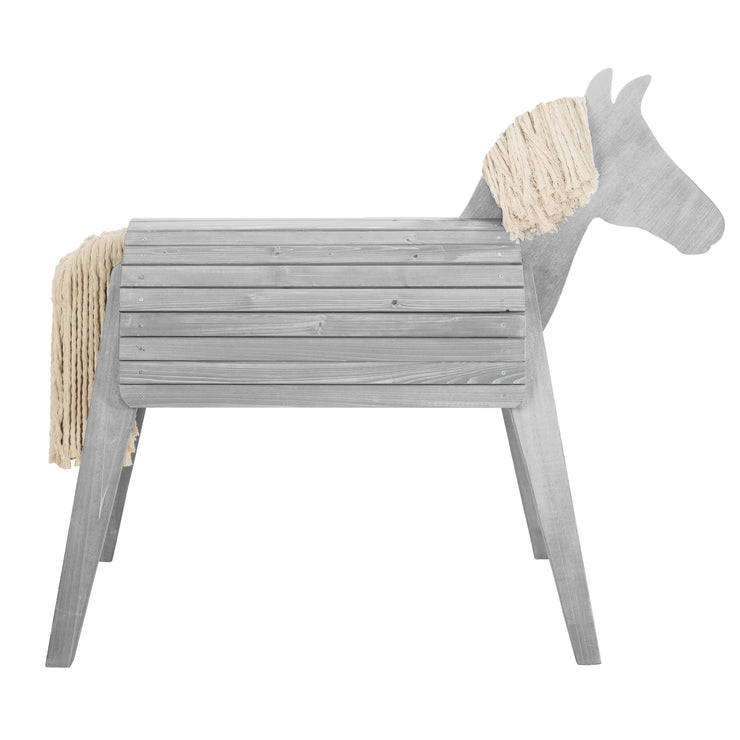 Cavallo da esterno e da volteggio, legno massello grigio, cavallo da giardino con criniera e coda
