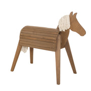 Cheval d'extérieur, bois massif de couleur teck, cheval de jardin avec crinière et queue