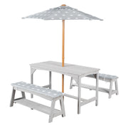 Ensemble de sièges Outdoor+ 1 table, 2 bancs, parasol & coussins 'Little Stars' - Gris