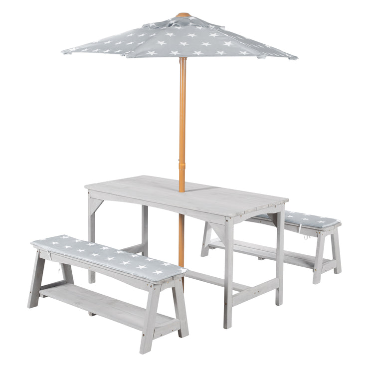 Outdoor Seating Set+ 1 Table, 2 Benches, Parasol & Seat Cushions 'Little Stars' - Grey