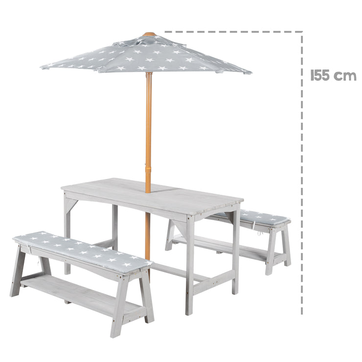 Ensemble de sièges Outdoor+ 1 table, 2 bancs, parasol & coussins 'Little Stars' - Gris