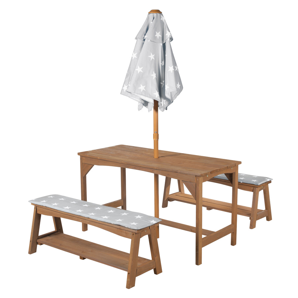 Gruppo di sedute da esterno + 1 tavolo, 2 panche, ombrellone e cuscini 'Little Stars' - teak
