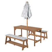 Outdoor Seating Set + 1 Table, 2 Benches, Parasol & Seat Cushions 'Little Stars' - Teak