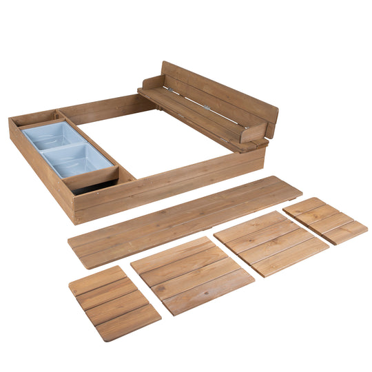 Sabbiera 'Outdoor +' in teak, con panca pieghevole e 2 vassoi per i giochi