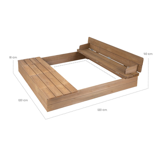 Sabbiera 'Outdoor +' in teak, con panca pieghevole e 2 vassoi per i giochi