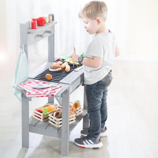 Outdoor Mud Kitchen 'BBQ', Weather-Resistant Garden Kitchen for Water & Sand, Grey Wood