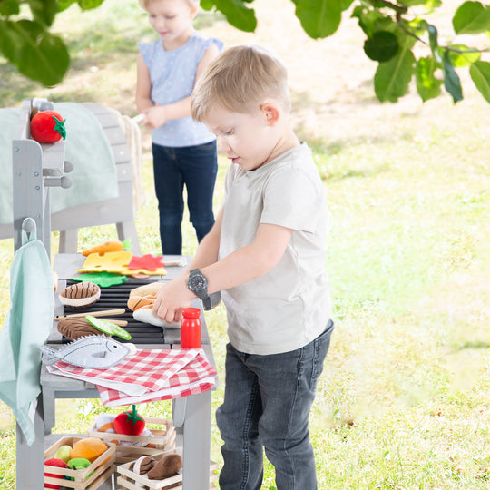 Outdoor Mud Kitchen 'BBQ', Weather-Resistant Garden Kitchen for Water & Sand, Grey Wood