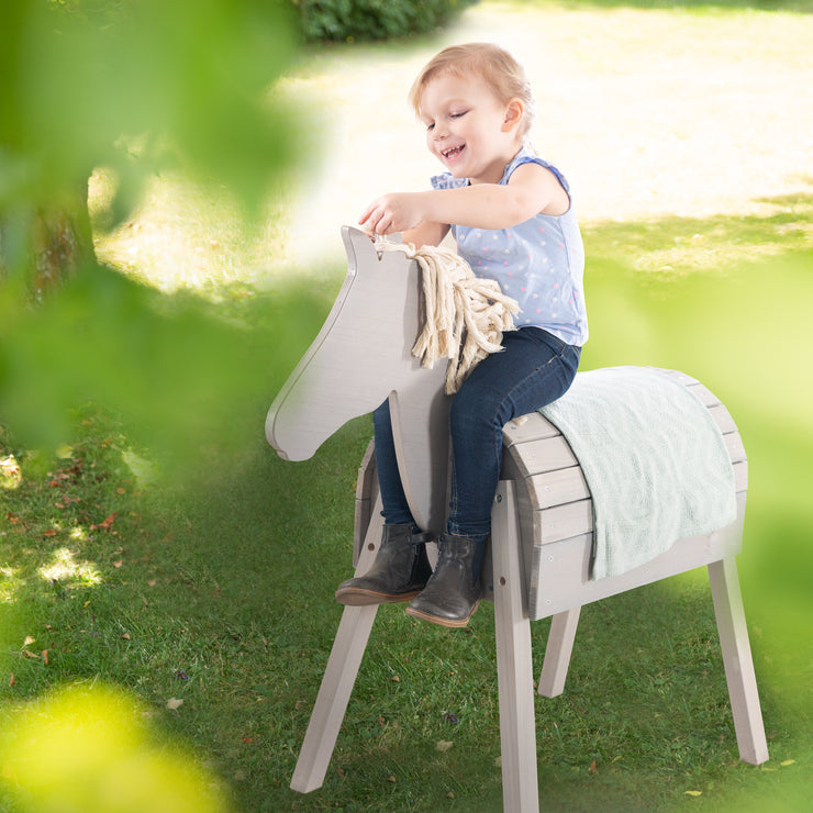 Outdoor play horse - With mane & tail - Solid wood grey glazed