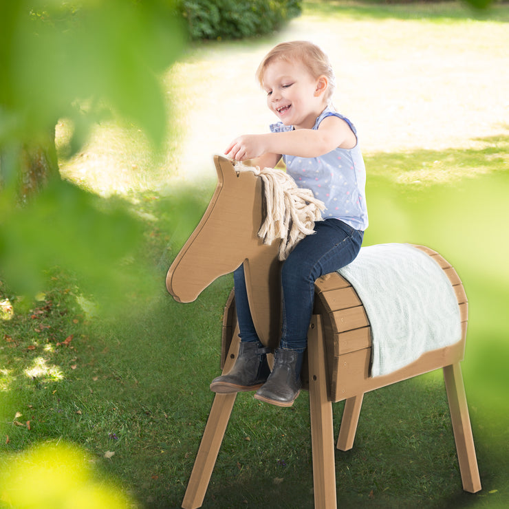 Play & Vaulting Horse - with Mane & Tail - Solid Teak Colored Wood