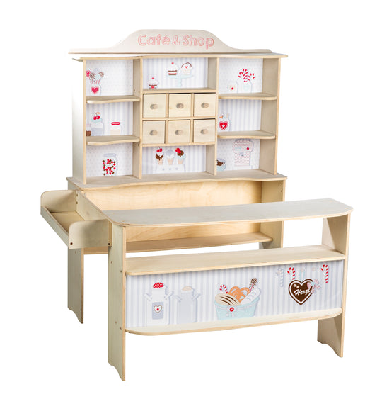 Verkaufsstand Cafe und Shop in Holz mit sechs Schubladen, Seitentheke & Theke