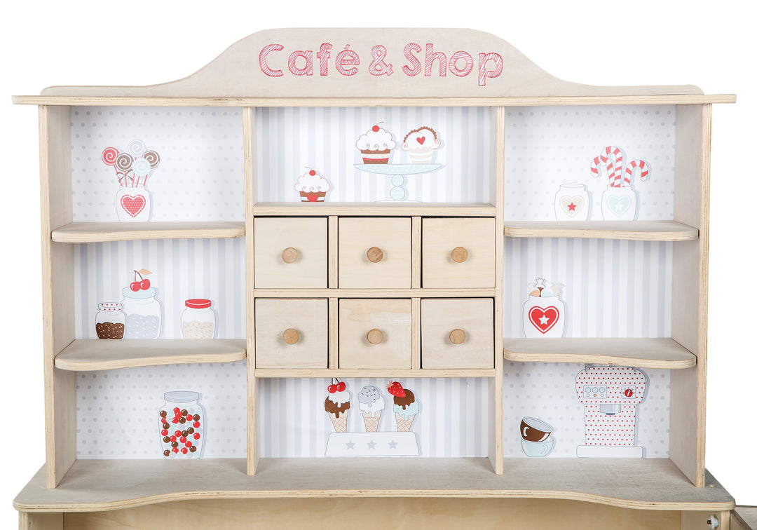Negozio 'Café & Shop', legno naturale, 6 cassetti, fianco e bancone con stampa