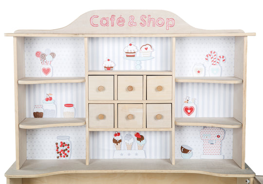 Negozio 'Café & Shop', legno naturale, 6 cassetti, fianco e bancone con stampa