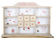Negozio "Café e Shop", legno naturale, 6 cassetti, bancone laterale e bancone con cassa